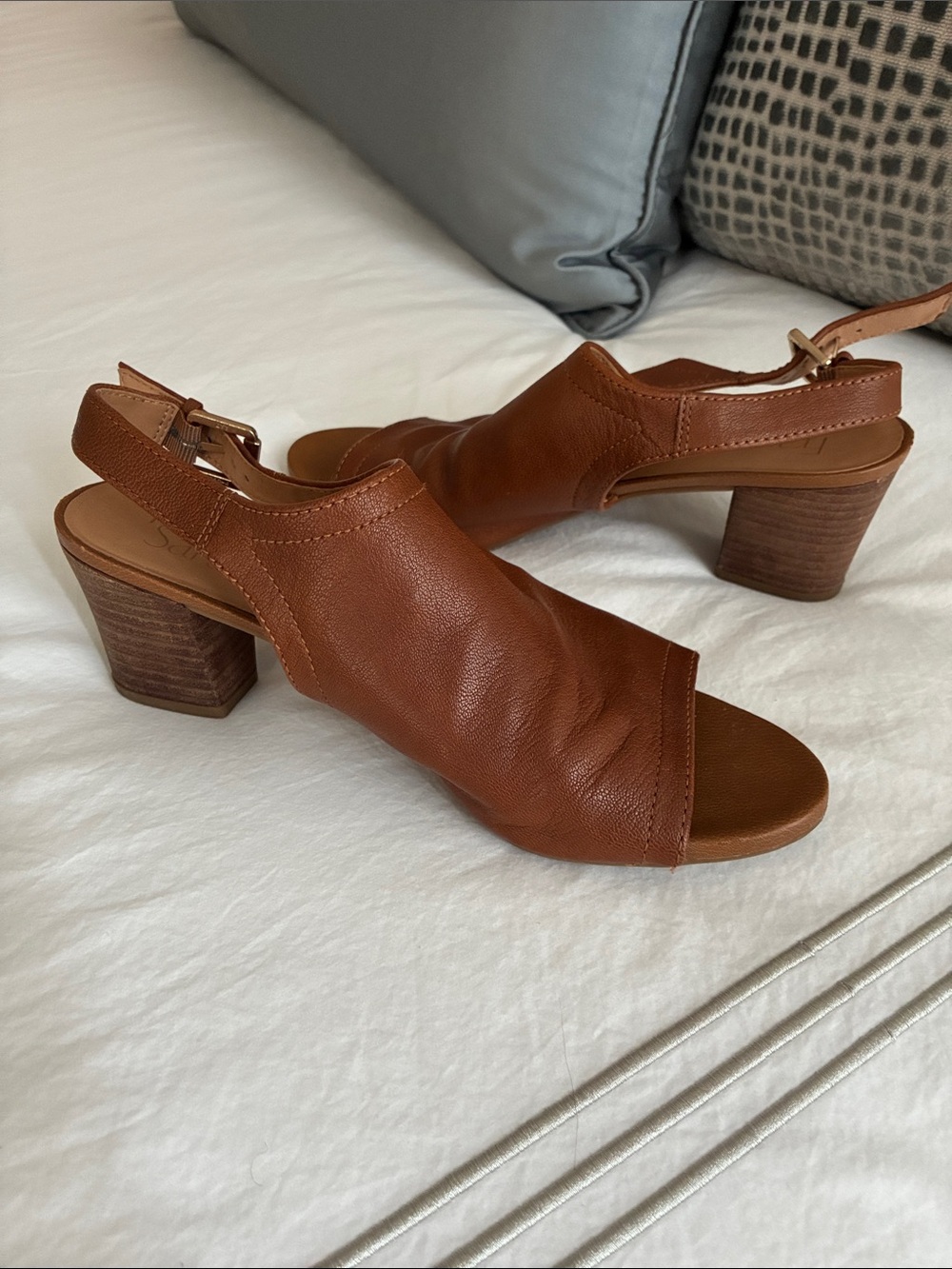 Franco Sarto Cognac Leather Open-Toe Slingback Block Heels